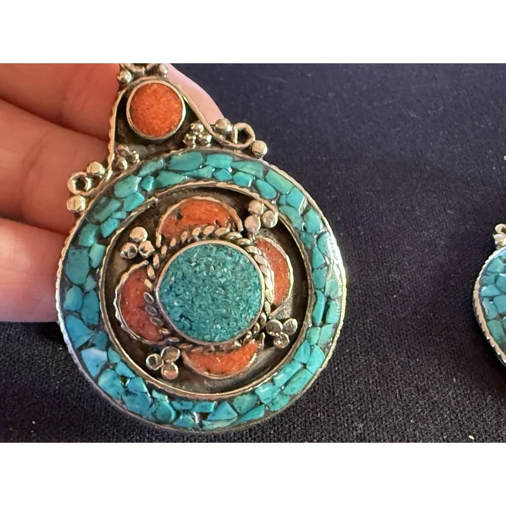 925 Silver Tribal Turquoise And Coral Earrings‎ Handcrafted with History